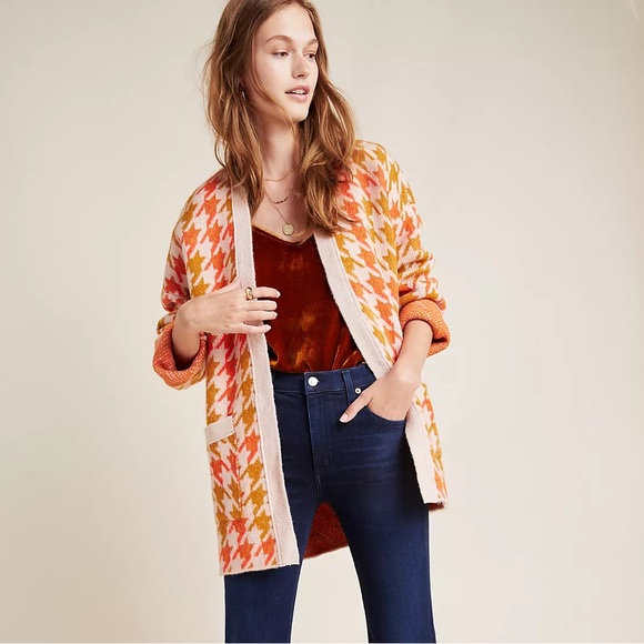 By Anthropologie Womens Small Pink Orange Houndstooth Cardigan Sweater - Picture 1 of 10